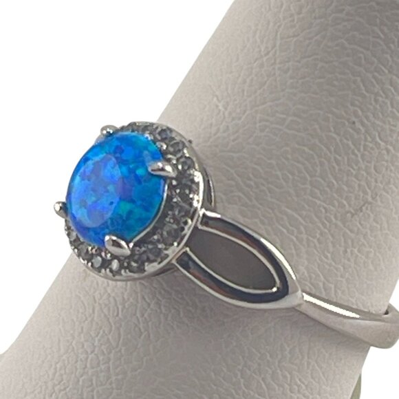 Elegant Blue Opal Halo Ring With Silver Band - Size 8 - Picture 3 of 6